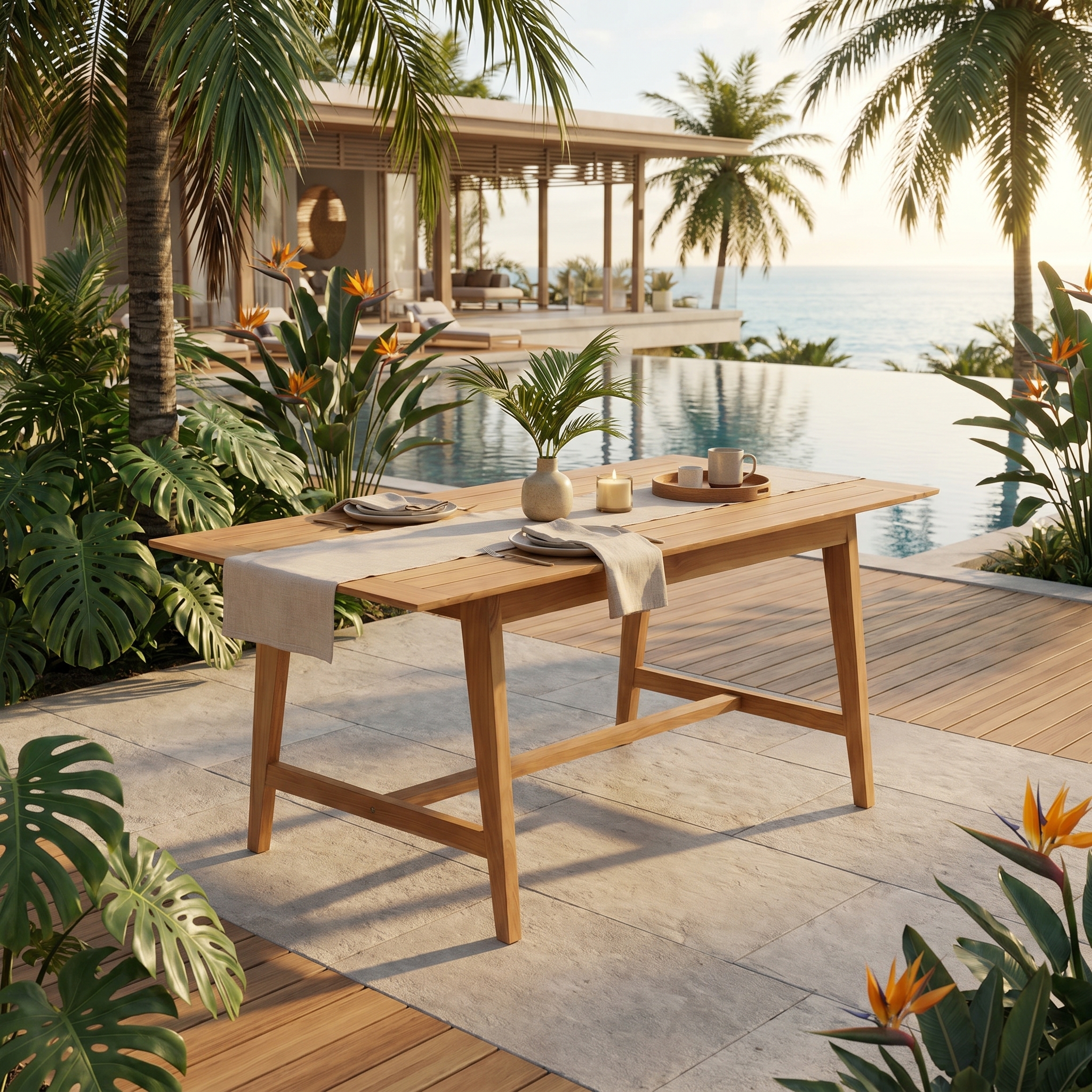 Ibiza solid teak outdoor dining table at a tropical resort