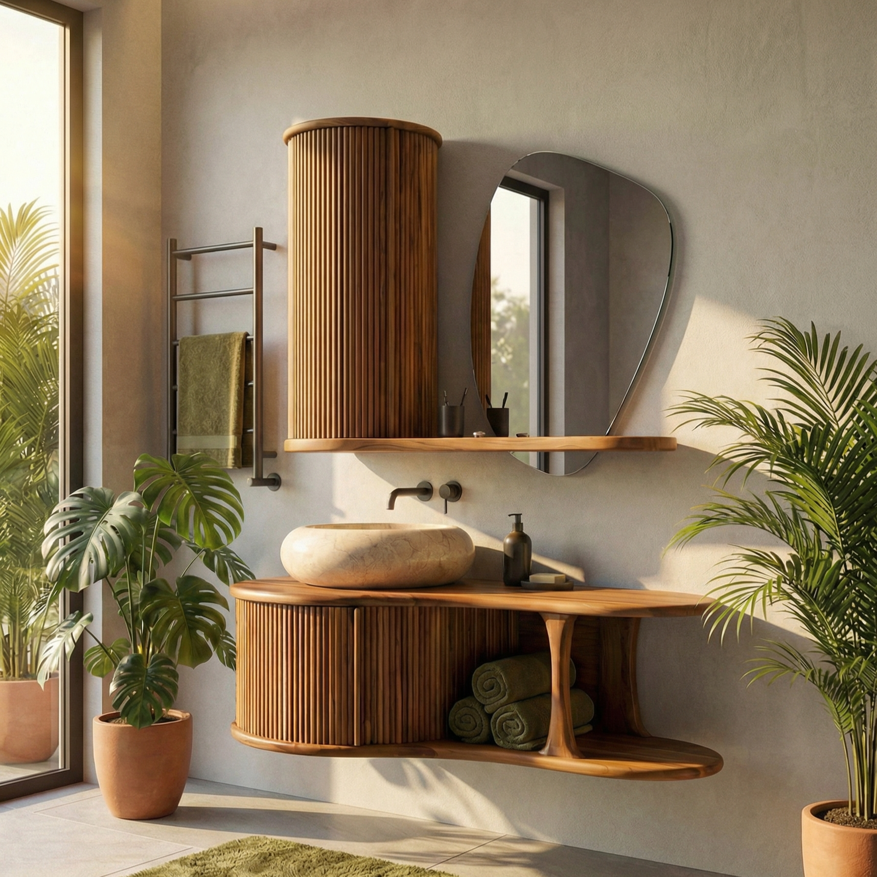 Rainwood wall-hung teak bathroom vanity with stone basin