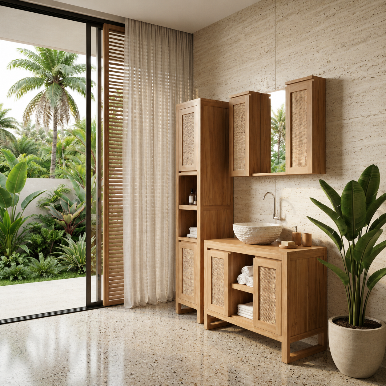 Aosta teak bathroom set with cane-panelled mirror cabinet and vanity
