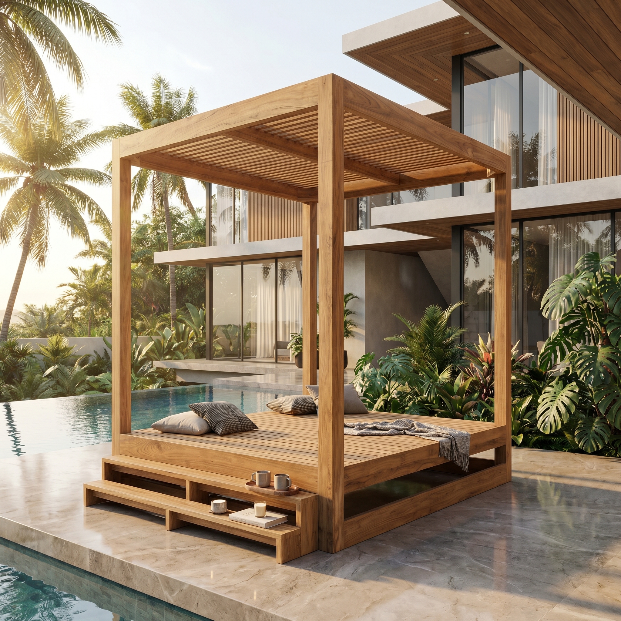 Evara teak cabana with daybed beside a resort pool