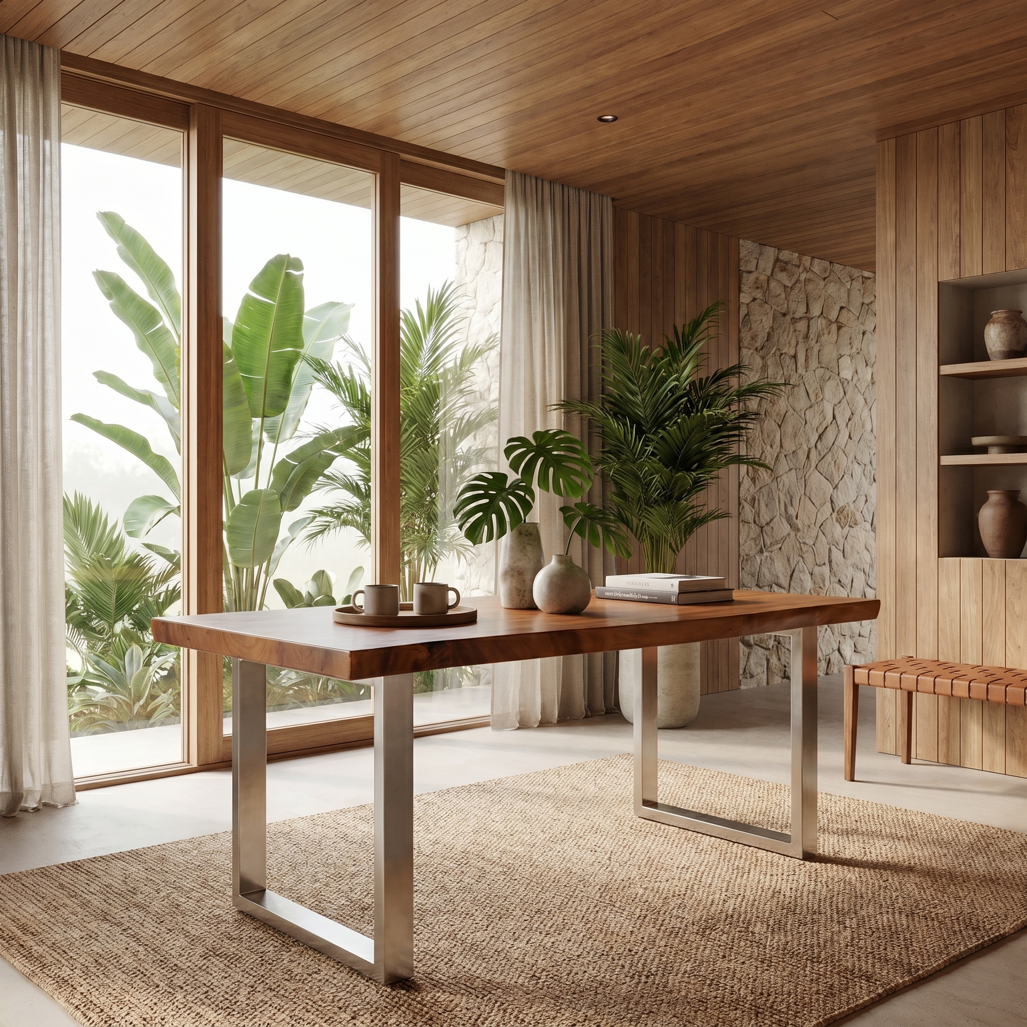Komodo solid teak dining table with steel legs in a tropical dining room
