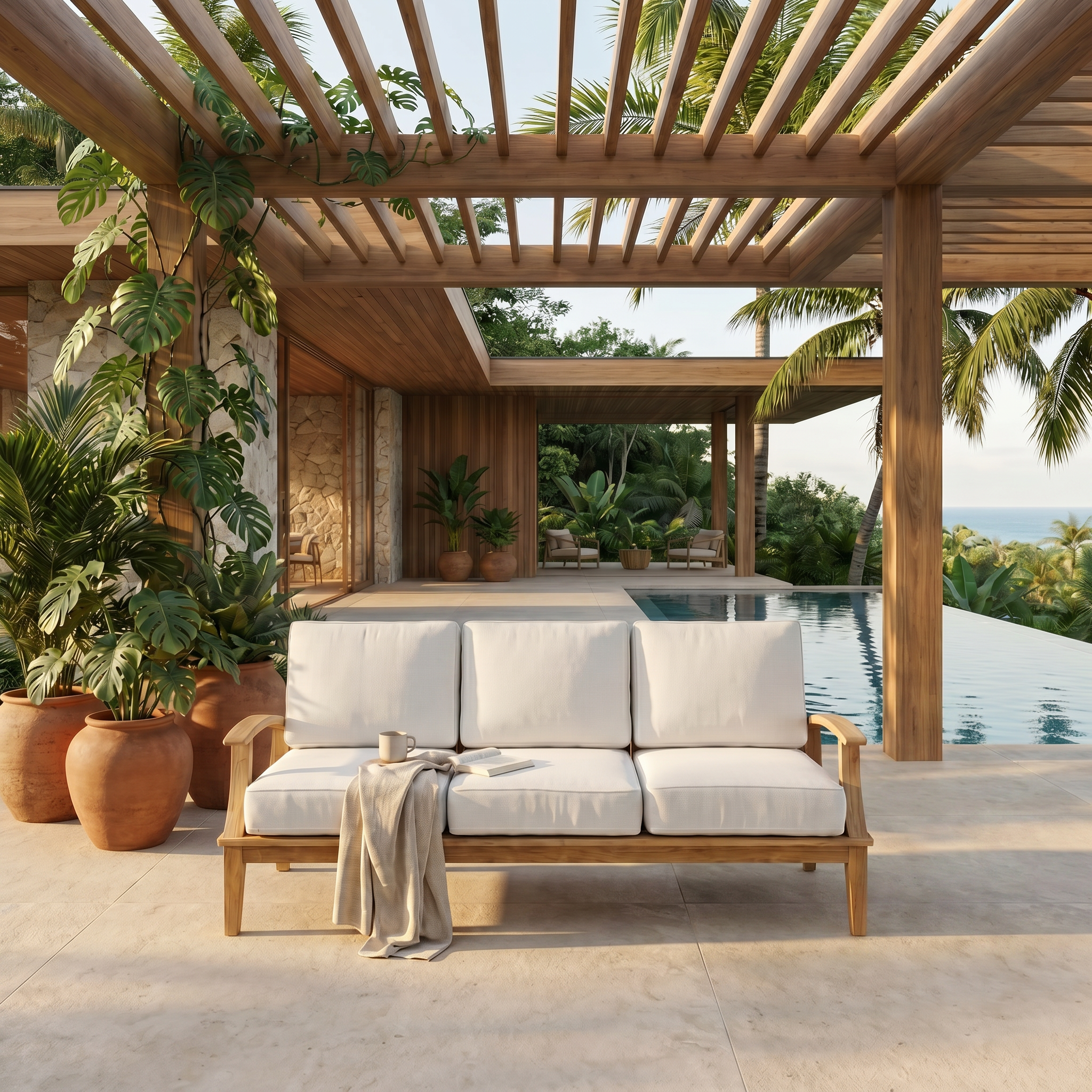 Lola solid teak outdoor sofa on a terrace under a pergola