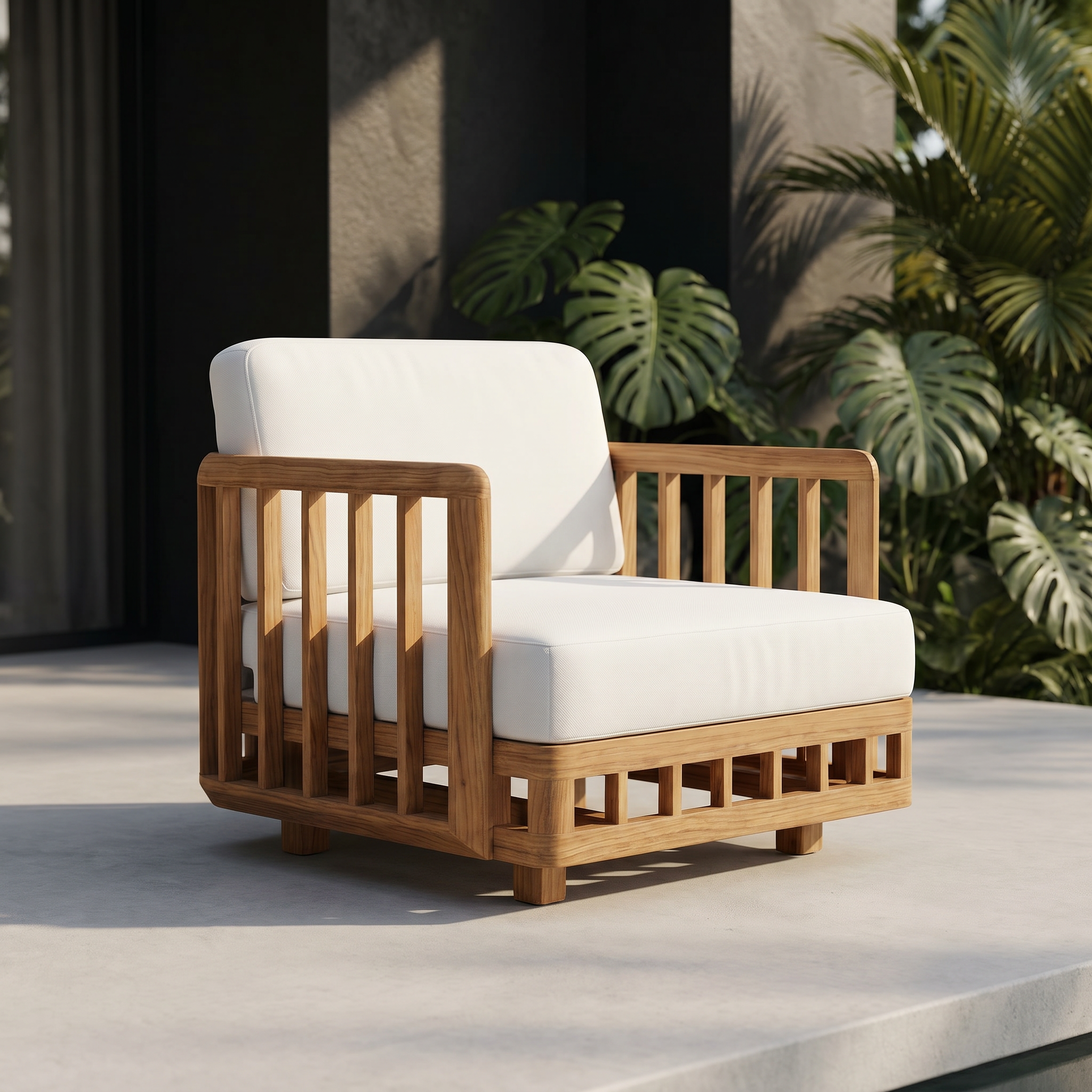 Sundara solid teak outdoor lounge chair with white cushions