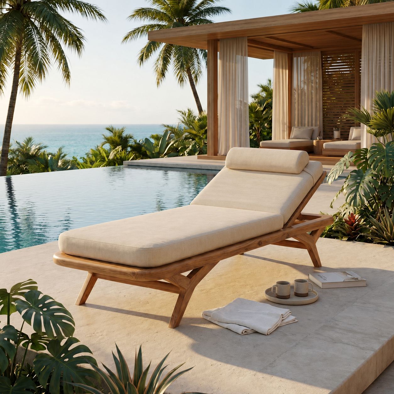 Savanna teak sun lounger beside an infinity pool