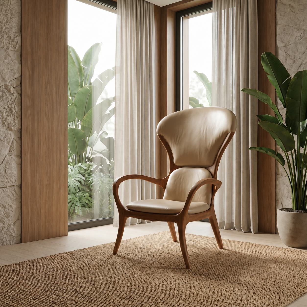 Tulipano solid teak armchair with cream upholstery